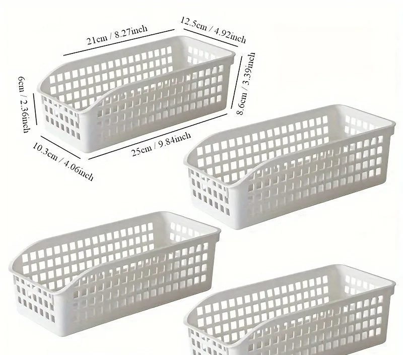 Set of four slim white plastic storage baskets with dimensions